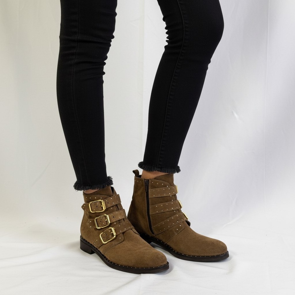 Minelli Brown Suede Studded Ankle Boots Buckle Moto EU 38 - Picture 13 of 13